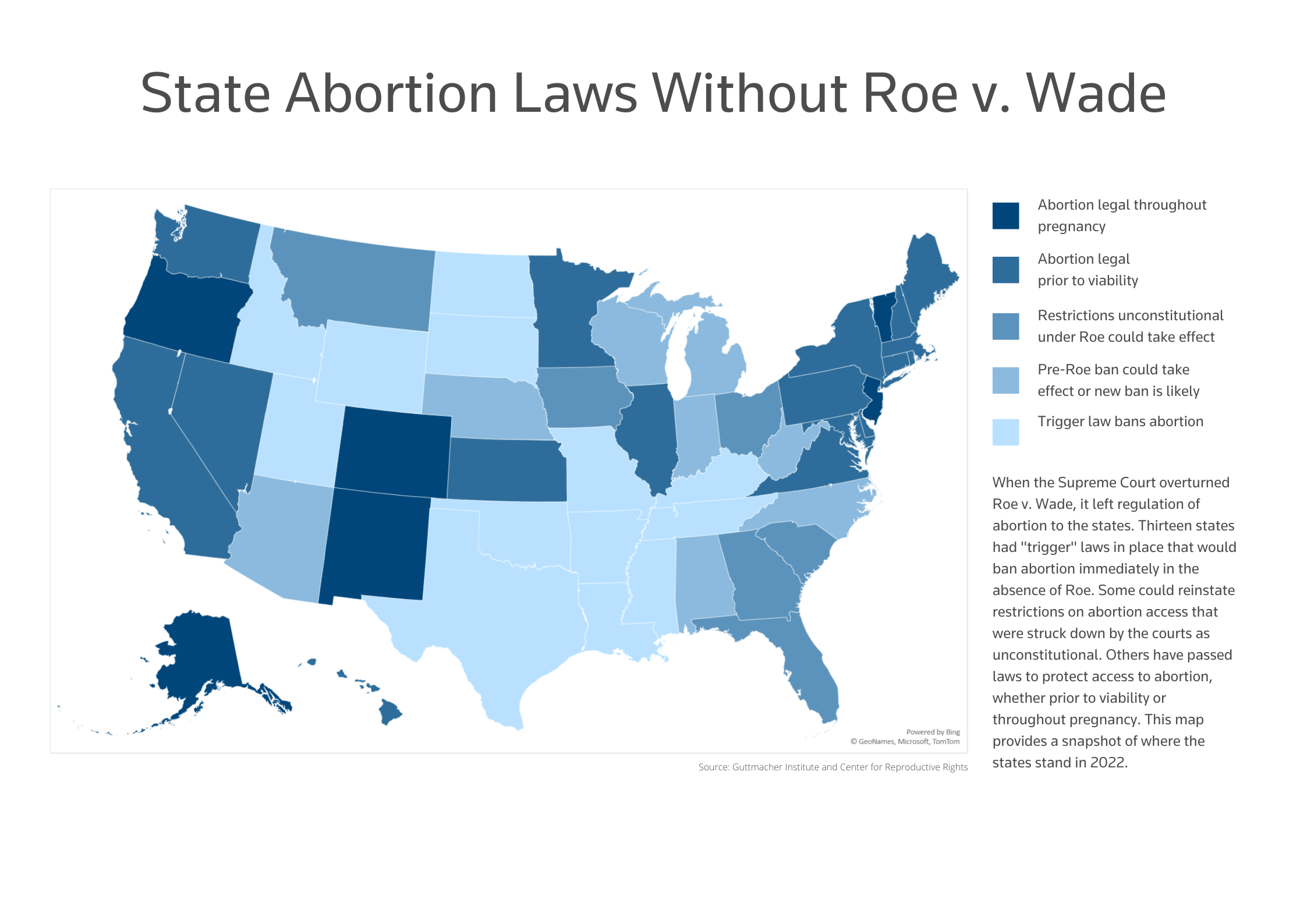 Map of the United States in gradients of blue indicating the level of protection for abortion